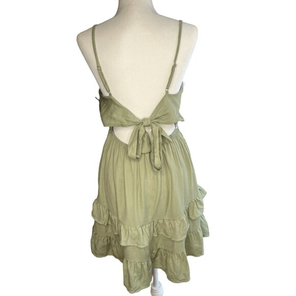 IRIS Dress Womens Olive Green Smocked Waist Ruffled Mini Dress Size L - Picture 2 of 7